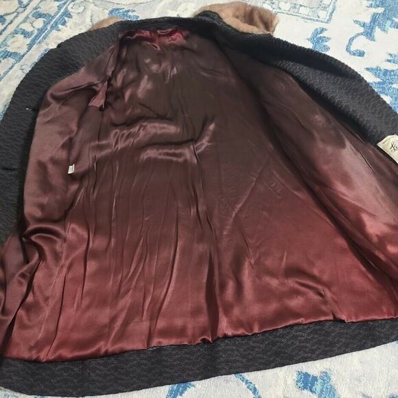 VTG Coat Len Artel Mink Fur Trim ILGWU 3/4 Sleeve MCM Jacket Gray Brown - Picture 6 of 10